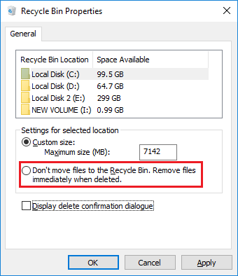 deleted files not going to recycle bin windows 10