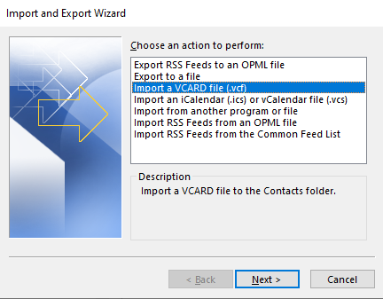 Select Import a VCARD file (.vcf)