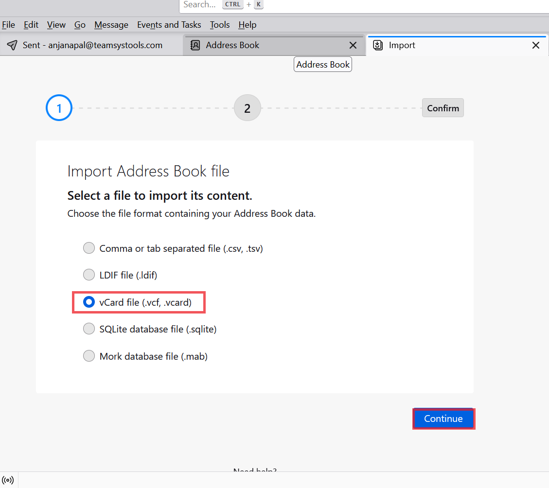 Select the vCard file from thunderbird