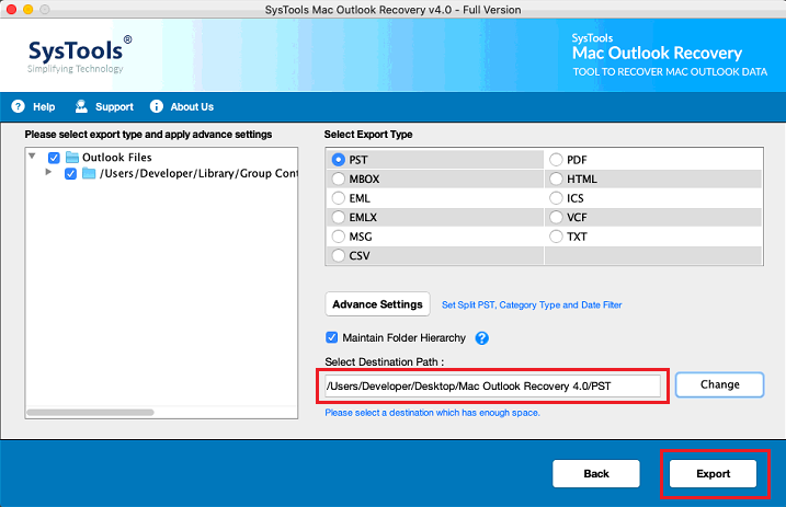 Click Export to solve How Do I Enable Import/Export in Outlook Mac issue