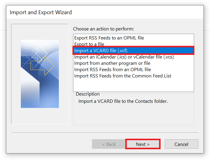 select Import vCard file (.vcf)